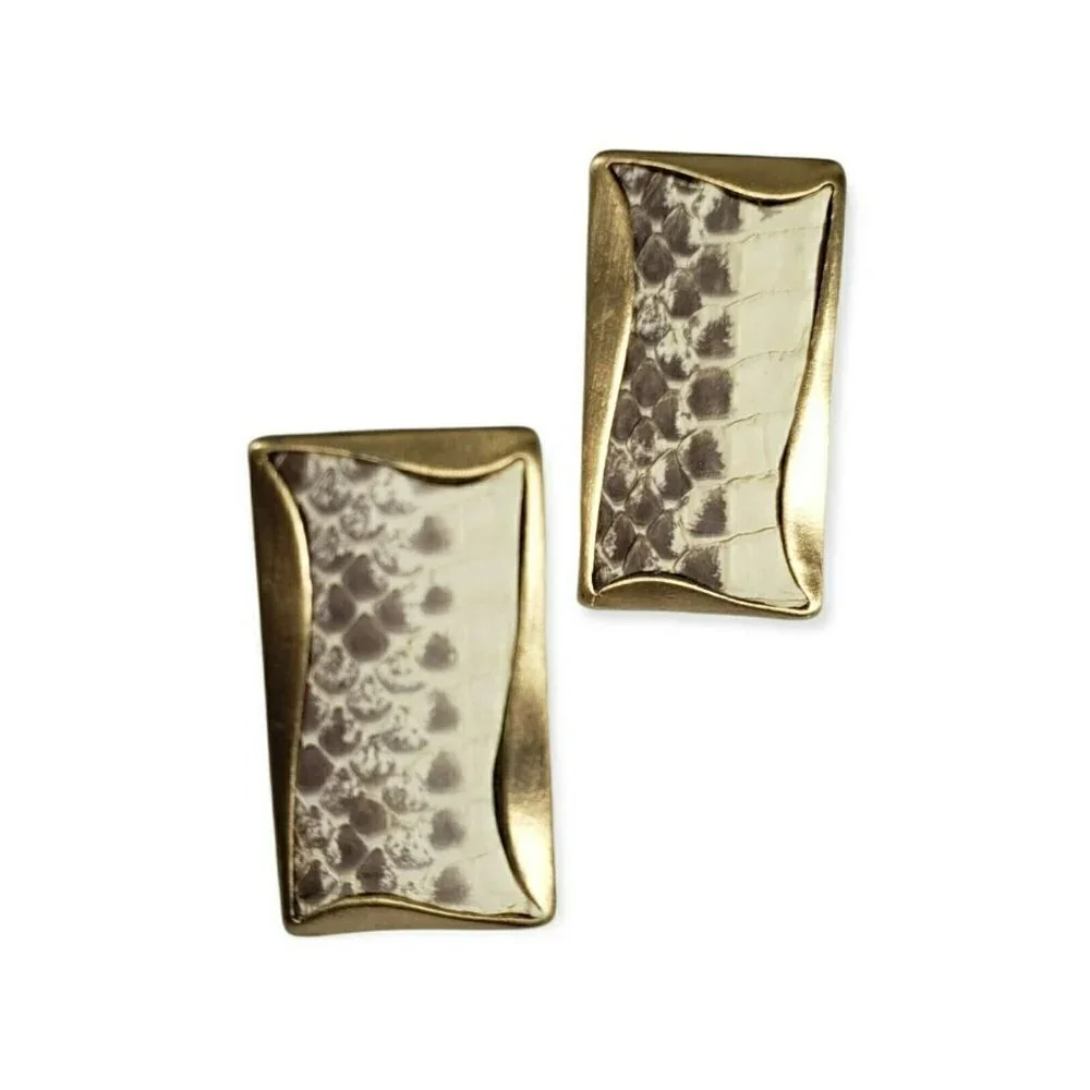 30.Fashion Jewelry Genuine Leather Snake Print Gold Tone Rectangle Stud Earrings